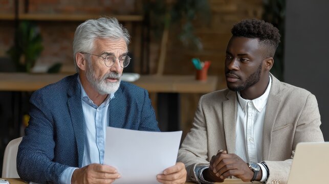 Serious focused mature businessman employer hr or client holding cv or contract listening manager, applicant during job interview, two diverse ethnic partners having negotiations at office meeting., 