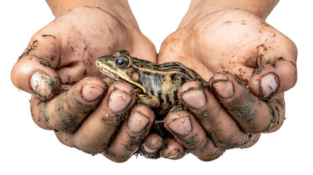 Close up of a person s muddy hands gently holding a small green and brown frog isolated on transparent background