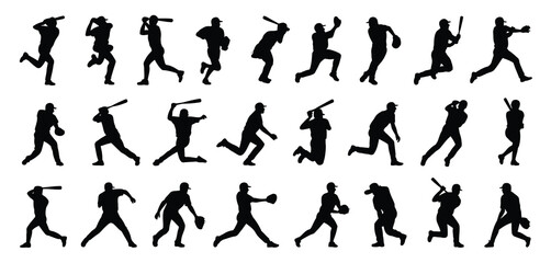 Baseball Players in Action Silhouettes