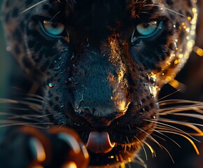the captivating image features a close up of a black large cat, emphasizing its intense gaze