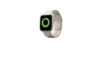 Modern smartwatch with a light beige band displaying a green circular progress indicator on its screen isolated on transparent background