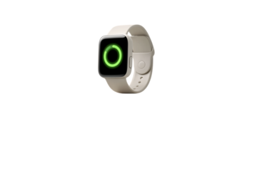 Modern smartwatch with a light beige band displaying a green circular progress indicator on its screen isolated on transparent background