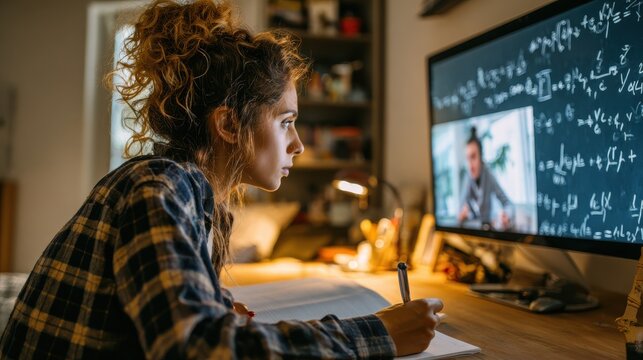 Young student watching lesson online and studying from home. Young woman taking notes while looking at computer screen following professor doing math on video call. Girl studying from home on pc., no - Powered by Adobe