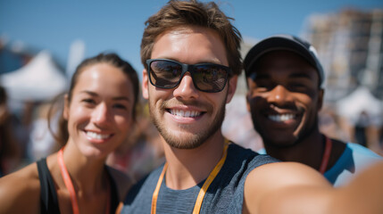 Obraz premium Joyful Running Club Selfie at Marathon Event