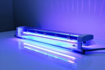 Ultraviolet germicidal lamp emitting a bright purple light used for disinfection and sterilization