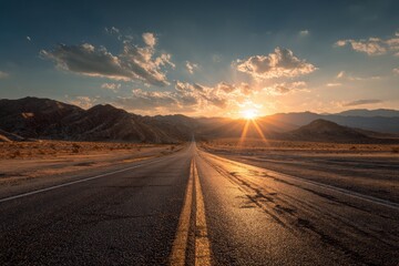 Barren Asphalt Highway at Sunset: A Scenic Desert Journey Through America's Majestic Mountains