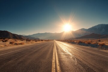 Fototapeta premium Breathtaking Sunset Over Desert Highway: A Journey Through America's Barren Landscapes