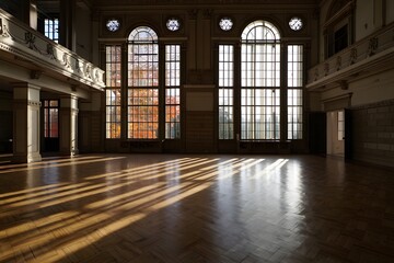 Grand hall interior architecture design with sunlight streaming through large windows