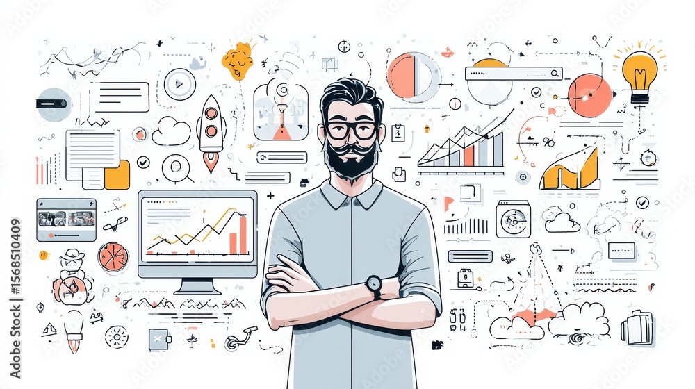 Poster startup infographic template and elements. the infographic template includes illustrations of hipste