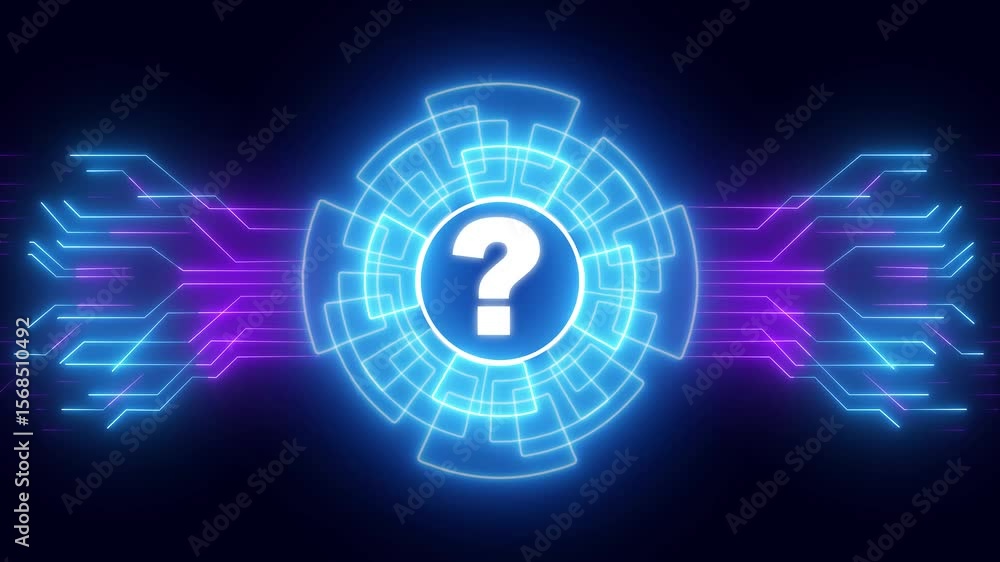 Poster question mark symbol hologram in dynamic electric circle background. digital technology with data mo
