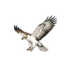 Fototapeta premium Hawk mid-flight with wings spread and talons extended, gliding through the air against a white background.
