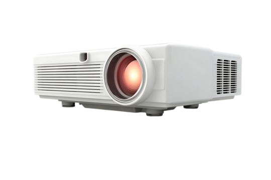 Modern white digital projector with glowing lens and ventilation grilles isolated on transparent background