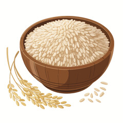 Brown Rice in Wooden Bowl with Rice Ears