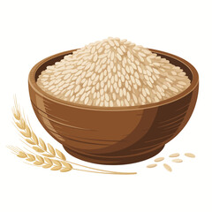 Brown Rice in a Wooden Bowl with Wheat Ears