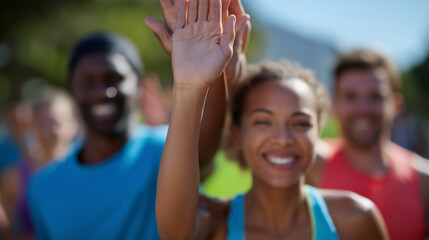 Celebrating Runners High-Fiving in a Vibrant Outdoor Marathon