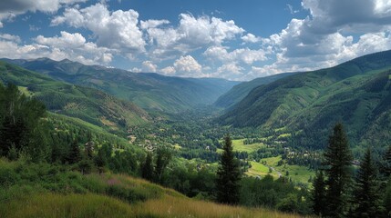 Obraz premium Breathtaking Colorado Valley Landscape: Majestic Mountains Under a Clear Blue Sky with Lush Green Nature and Scenic Panoramic Views