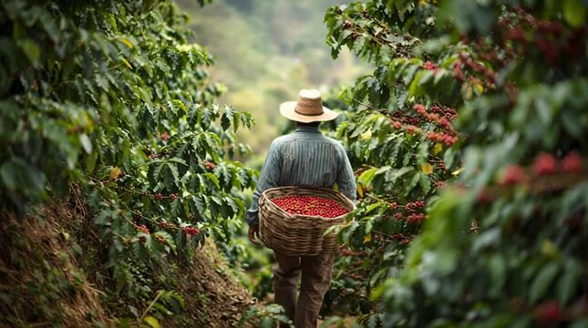 Coffee farmer harvesting fresh organic coffee beans in farm for premium coffee production process
