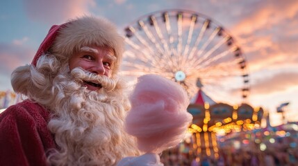 Santa Claus laughing while holding cotton candy at amusement park with ferris wheel and carousel in background during sunset