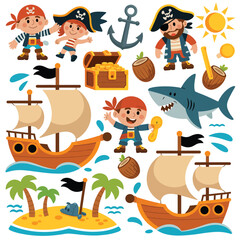 Cute Cartoon Pirate Childrens Illustration with Treasure Chest,Ship,Island and Shark