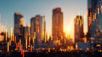 Forex trade market and development concept with growing digital candlestick and indicators on sunny skyscrapers background. Double exposure, no logos, no brands