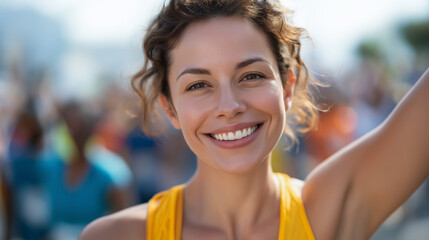 Multiracial female runner celebrates victory in a lively race event