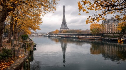 Obraz premium Seine in Paris with Eiffel tower in autumn time, no logos, no brands