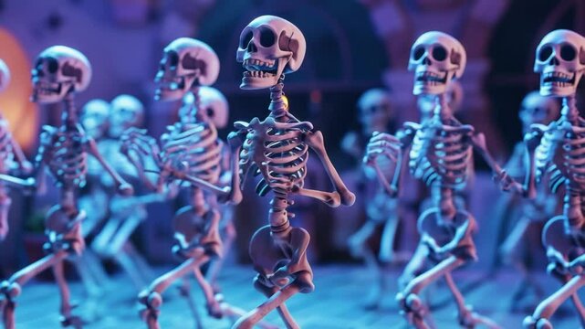 Group of skeletons running together in a line, great for Halloween or spooky themed designs
