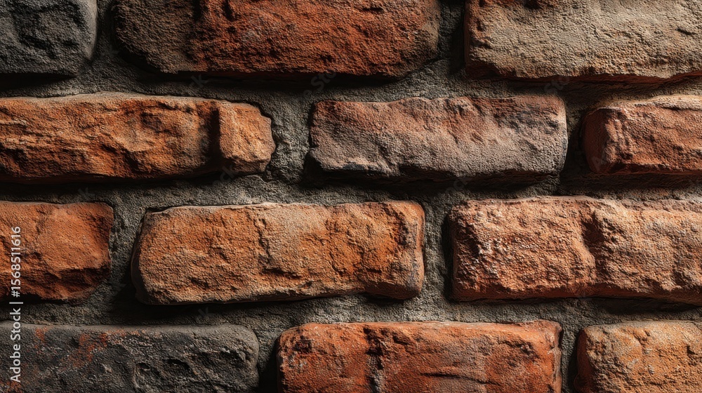 Poster a close-up view of a brick wall with a natural, rough texture, showcasing the intricate patterns and