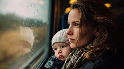 Young mother travelling with baby by train., no logos, no brands