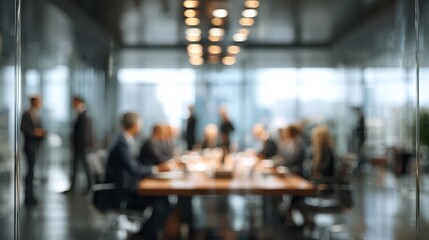 Defocused board meeting background behind glass wall