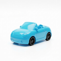 A toy convertible car in sky blue, plastic finish, white background