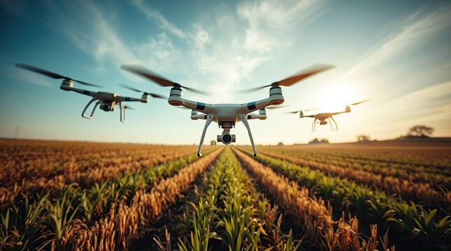Drones fly over golden field at sunset - Powered by Adobe