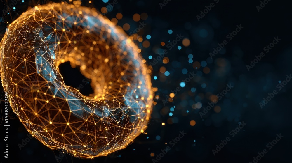 Poster polygon torus donut on blockchain technology network hud background. global cryptocurrency blockchai
