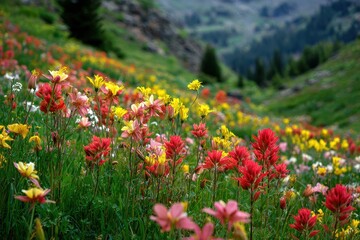 Obraz premium Vibrant Mountain Wildflowers in Full Bloom, Showcasing Columbine and Indian Paintbrush in Picturesque Yankee Boy Basin, Colorado Landscape