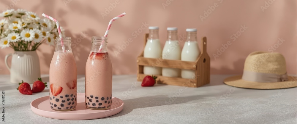 Poster refreshing strawberry drinks with tapioca pearls served in vintage bottles with straws on a table.