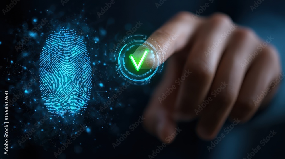 Poster successful biometric fingerprint authentication on futuristic digital interface. glowing blue finger