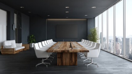 Modern spacious conference room with dark wall, big wooden table and white chairs around, and city view from big window. 3D rendering, no logos, no brands
