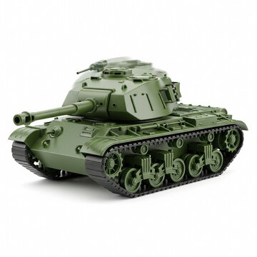 A toy tank in army green with rotating turret, plastic, isolated on white