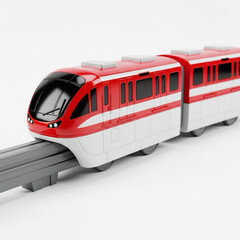 A toy monorail train car in red and white, modern style, plastic, white background