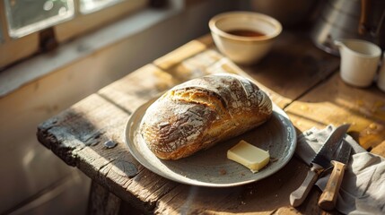 A loaf of bread with a slice of butter on a plate