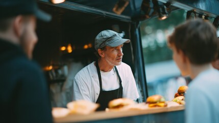 Multiracial people ordering food at counter in food truck outdoor - Soft focus on chef man face, no logos, no brands