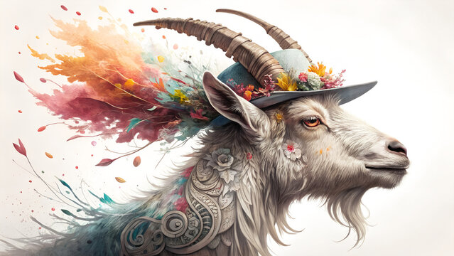 A goat with a floral hat is isolated on white background