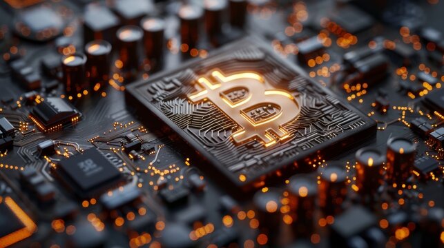 Glowing currency symbol on circuit board with warm light