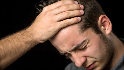 Fototapeta premium A young man experiences a severe headache, holding his head in pain