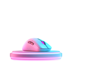 Modern gaming computer mouse with neon pink and blue lighting on a circular pedestal isolated on transparent background