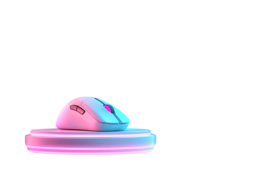 Modern gaming computer mouse with neon pink and blue lighting on a circular pedestal isolated on transparent background