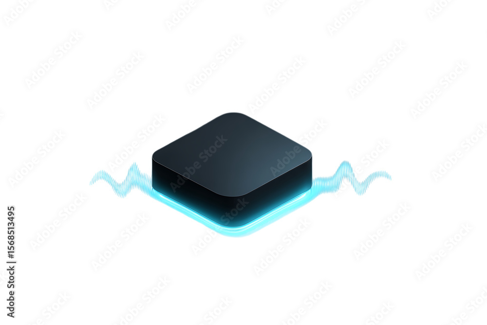 Fototapete futuristic dark square platform with bright blue glowing sound wave emanating from its base isolated