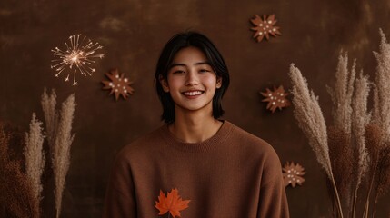 A young man is smiling and wearing a brown sweater with a leaf on it