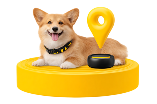 Happy pembroke welsh corgi dog wearing a gps tracker collar lies on a yellow platform next to a location pin and device isolated on transparent background