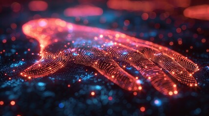 Glowing red/orange digital hand shape made of dots over a dark blue dotted field